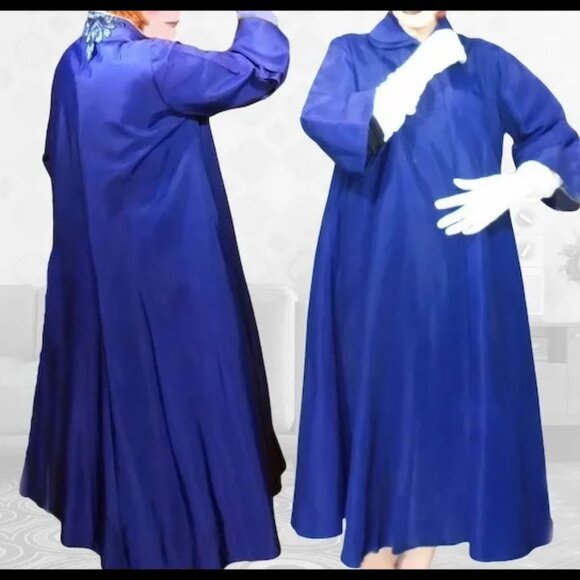 50s Vintage Swing Coat Evening New Look Blue Taffeta Outerwear - Picture 5 of 16